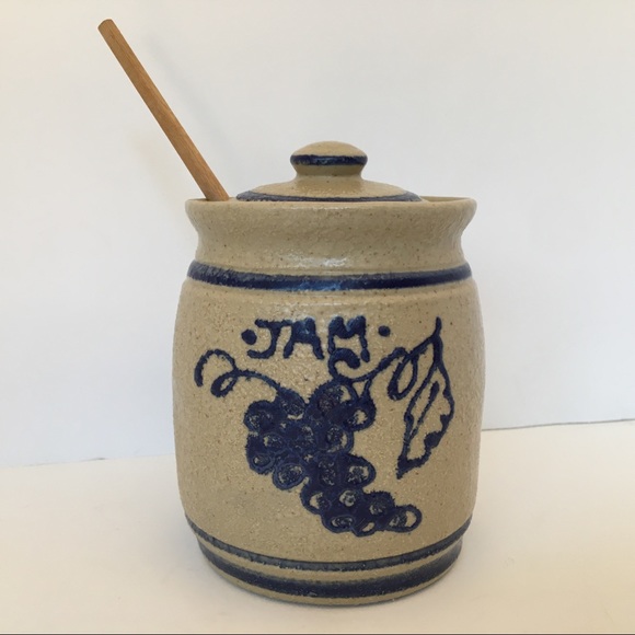 Salt Glazed Jam Jar Cobalt Blue stripes Beige Lid pottery Spoon Grapes vintage - Picture 1 of 15